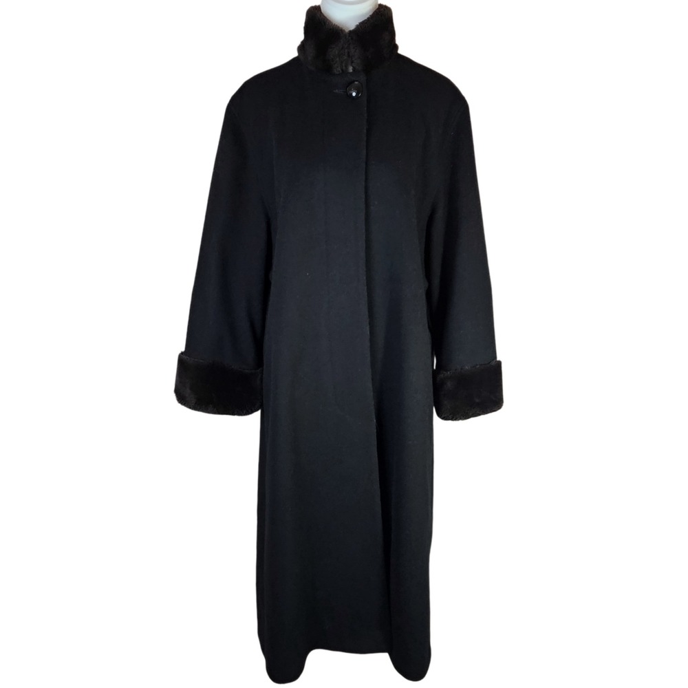 Preston & York Long Wool Swing Coat Womens 8P Faux Fur Trim Old Money 90s Glam
